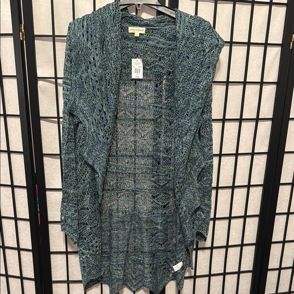 Blue Long Open Front Cardigan Sweater